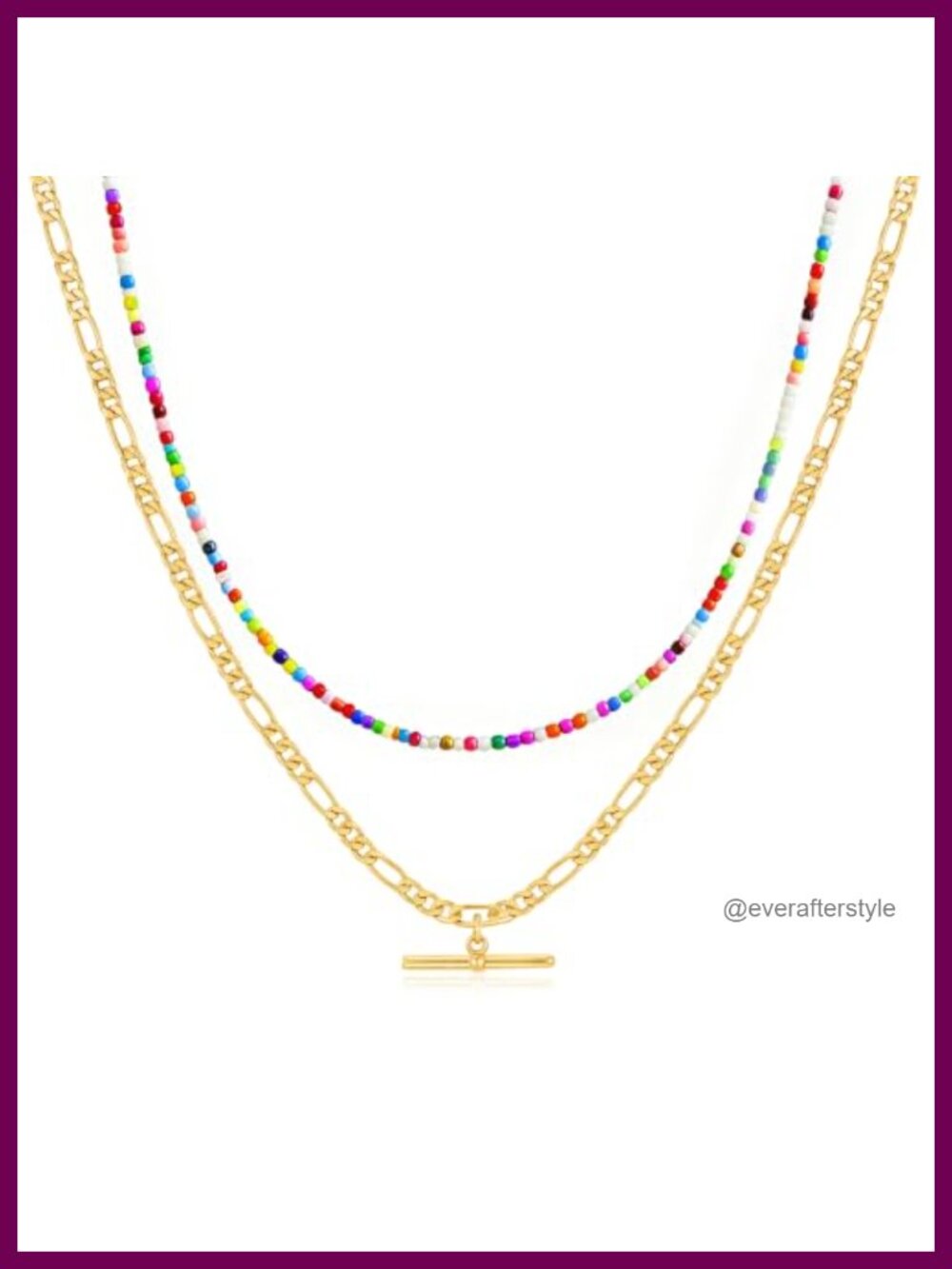 Seed Beaded Layered Necklace Set 14K Gold Plated Figaro Chain T Bar Pendant